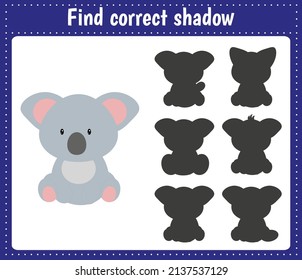 Finden Sie den richtigen Schatten Koala. Erziehungsspiel für Kinder. Logic Games für Kinder. Lernkarte für den Kindergarten oder die Schule.