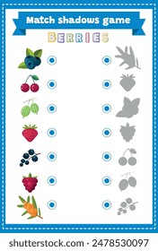 Find the correct shadow. Learning berries. Educational children game. Matching game worksheet for kids. Match shadows.