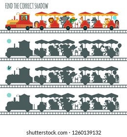 Find the correct shadow. Learning children game.  Vector illustration with cute animals (bear, lion, hedgehog, kangaroo, cat, elephant, crocodile, lama, dog, wolf, giraffe, jaguar) on the train.