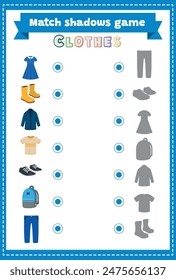 Find the correct shadow. Learning clothes. Educational children game. Matching game worksheet for kids. Match shadows.