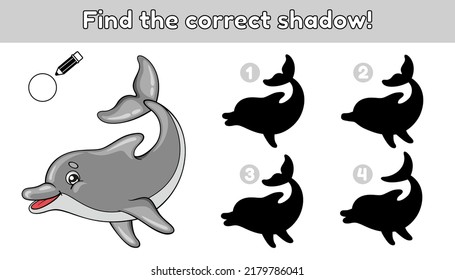 Find the correct shadow. Learning game for children. Vector illustration of a dolphin in cartoon style.