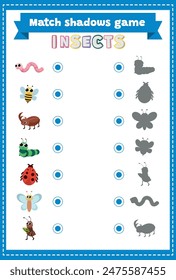 Find the correct shadow. Learning insects and bugs. Educational children game. Matching game worksheet for kids. Match shadows.
