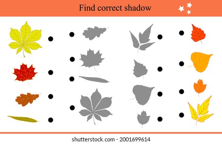 Encuentra la sombra correcta para las hojas. Juego educativo para niños. Ilustración vectorial de otoño