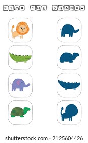Find correct shadow with lion, crocodile, elephant, turtle.  Kids educational game. 