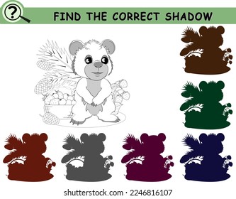 Encuentra la sombra correcta del oso pequeño con bayas y conos de pino. Colorear la página del libro con juego lógico para niños. Ilustración vectorial.