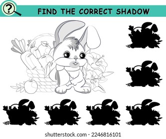 Find the correct shadow of little rabbit with carrots and fruits. Coloring book page with logical game for children. Vector illustration.