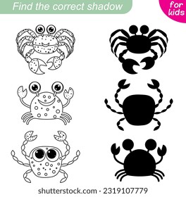Find the correct shadow. Marine collection. Three crabs. Educational game for children.