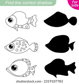 Find the correct shadow. Marine collection. Three cute fish. Educational game for children.