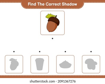 Find the correct shadow. Find and match the correct shadow of Acorn. Educational children game, printable worksheet, vector illustration
