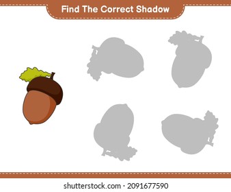 Find the correct shadow. Find and match the correct shadow of Acorn. Educational children game, printable worksheet, vector illustration