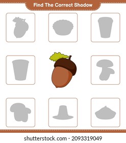 Find the correct shadow. Find and match the correct shadow of Acorn. Educational children game, printable worksheet, vector illustration
