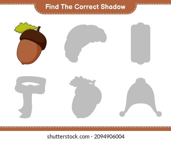 Find the correct shadow. Find and match the correct shadow of Acorn. Educational children game, printable worksheet, vector illustration