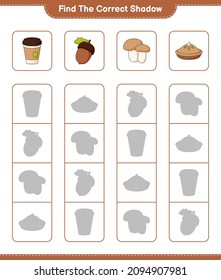 Find the correct shadow. Find and match the correct shadow of Acorn, Tea Cup, Pie, Mushroom Boletus. Educational children game, printable worksheet, vector illustration