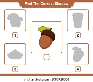 Find the correct shadow. Find and match the correct shadow of Acorn. Educational children game, printable worksheet, vector illustration