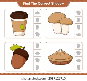 Encuentra la sombra correcta. Encuentra y combina la sombra correcta de Acorn, Tea Cup, Pie, Mushroom Boletus. Juego infantil educativo, hoja de cálculo imprimible, ilustración vectorial