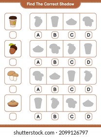 Encuentra la sombra correcta. Encuentra y combina la sombra correcta de Acorn, Tea Cup, Pie, Mushroom Boletus. Juego infantil educativo, hoja de cálculo imprimible, ilustración vectorial