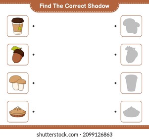 Encuentra la sombra correcta. Encuentra y combina la sombra correcta de Acorn, Tea Cup, Pie, Mushroom Boletus. Juego infantil educativo, hoja de cálculo imprimible, ilustración vectorial