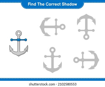 Find the correct shadow. Find and match the correct shadow of Anchor. Educational children game, printable worksheet, vector illustration