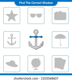 Find the correct shadow. Find and match the correct shadow of Anchor. Educational children game, printable worksheet, vector illustration