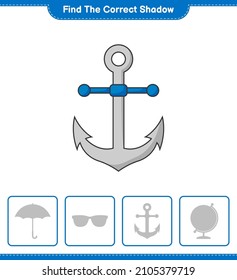 Find the correct shadow. Find and match the correct shadow of Anchor. Educational children game, printable worksheet, vector illustration