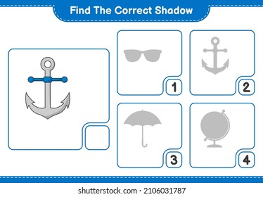 Find the correct shadow. Find and match the correct shadow of Anchor. Educational children game, printable worksheet, vector illustration