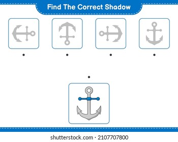 Find the correct shadow. Find and match the correct shadow of Anchor. Educational children game, printable worksheet, vector illustration