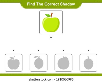 Find the correct shadow. Find and match the correct shadow of Apple. Educational children game, printable worksheet, vector illustration