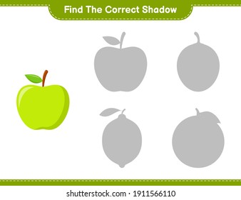 Encuentra la sombra correcta. Buscar y coincidir con la sombra correcta de Apple. Juego infantil educativo, hoja de cálculo imprimible, ilustración vectorial