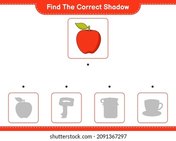 Find the correct shadow. Find and match the correct shadow of Apple. Educational children game, printable worksheet, vector illustration