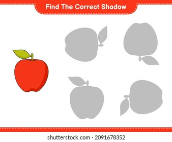 Find the correct shadow. Find and match the correct shadow of Apple. Educational children game, printable worksheet, vector illustration