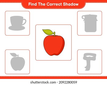 Finden Sie den richtigen Schatten. Finden Sie den richtigen Schatten von Apple und passen Sie ihn an. Kinderspiel, druckbares Arbeitsblatt, Vektorgrafik