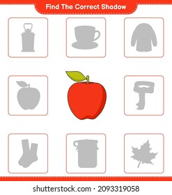 Find the correct shadow. Find and match the correct shadow of Apple. Educational children game, printable worksheet, vector illustration