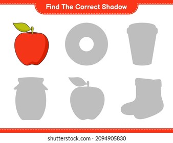 Find the correct shadow. Find and match the correct shadow of Apple. Educational children game, printable worksheet, vector illustration