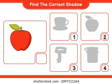 Find the correct shadow. Find and match the correct shadow of Apple. Educational children game, printable worksheet, vector illustration