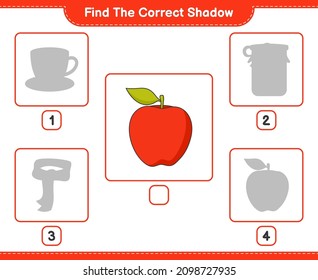 Find the correct shadow. Find and match the correct shadow of Apple. Educational children game, printable worksheet, vector illustration