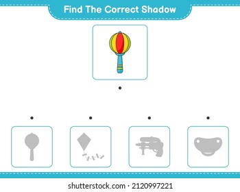 Find the correct shadow. Find and match the correct shadow of Baby Rattle. Educational children game, printable worksheet, vector illustration