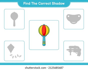 Find the correct shadow. Find and match the correct shadow of Baby Rattle. Educational children game, printable worksheet, vector illustration