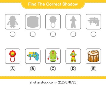 Find the correct shadow. Find and match the correct shadow of Baby Rattle, Robot Character, Water Gun, Rocket, and Drum. Educational children game, printable worksheet, vector illustration