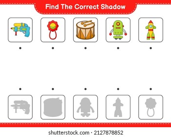 Find the correct shadow. Find and match the correct shadow of Baby Rattle, Robot Character, Water Gun, Rocket, and Drum. Educational children game, printable worksheet, vector illustration