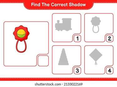 Find the correct shadow. Find and match the correct shadow of Baby Rattle. Educational children game, printable worksheet, vector illustration