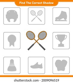 Find the correct shadow. Find and match the correct shadow of Badminton Rackets. Educational children game, printable worksheet, vector illustration