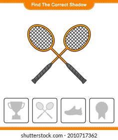 Finden Sie den richtigen Schatten. Finden Sie und passen Sie den richtigen Schatten der Badminton-Rackets an. Kinderspiel, druckbares Arbeitsblatt, Vektorgrafik