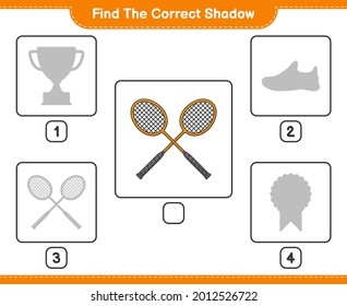 Find the correct shadow. Find and match the correct shadow of Badminton Rackets. Educational children game, printable worksheet, vector illustration