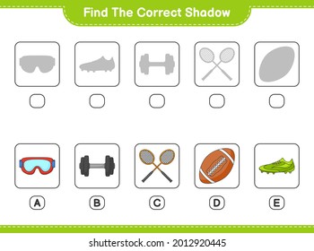 Find the correct shadow. Find and match the correct shadow of Badminton Rackets, Dumbbell, Rugby Ball, Goggle, and Soccer Shoes. Educational children game