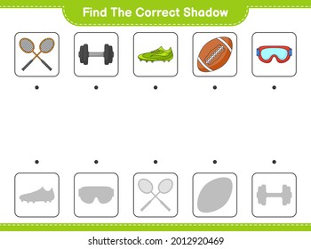 Find the correct shadow. Find and match the correct shadow of Badminton Rackets, Dumbbell, Rugby Ball, Goggle, and Soccer Shoes. Educational children game