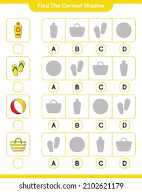 Finden Sie den richtigen Schatten. Finden Sie den passenden Schatten von Ball, Sunscreen, Beach Bag und Flip Flop. Kinderspiel, druckbares Arbeitsblatt, Vektorgrafik