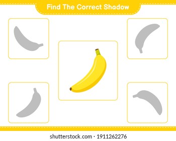 Encuentra la sombra correcta. Encuentra y coincide con la sombra correcta de Banana. Juego infantil educativo, hoja de cálculo imprimible, ilustración vectorial