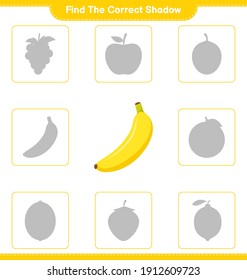 Find the correct shadow. Find and match the correct shadow of Banana. Educational children game, printable worksheet, vector illustration