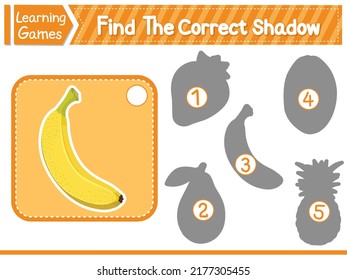 Finden Sie den richtigen Schatten und passen Sie den richtigen Schatten der Banane an. Kinderpädagogik. Druckbare Vektorgrafik für Arbeitsblätter. Lernspiel