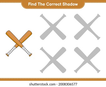 Find the correct shadow. Find and match the correct shadow of Baseball Bat. Educational children game, printable worksheet, vector illustration
